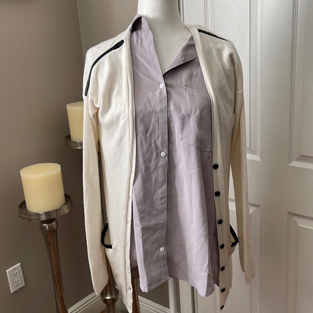 BCBG white cardigan with leather detail